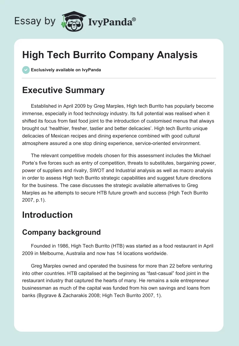 High Tech Burrito Company Analysis. Page 1