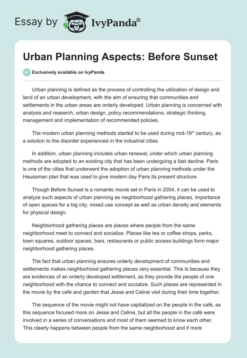 Urban Planning Aspects: "Before Sunset". Page 1