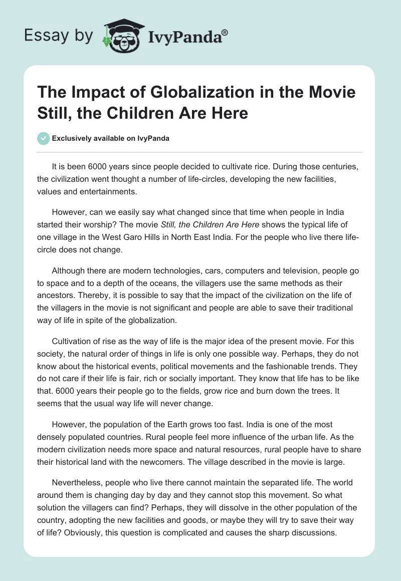 The Impact of Globalization in the Movie Still, the Children Are Here. Page 1