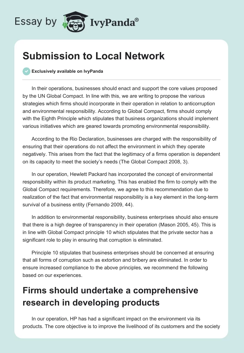 Submission to Local Network. Page 1