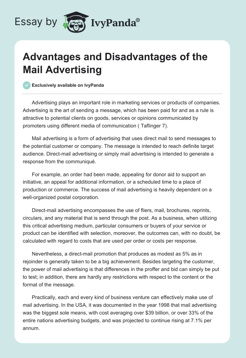 Advantages and Disadvantages of the Mail Advertising. Page 1