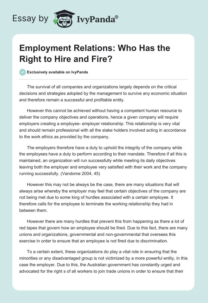 Employment Relations: Who Has the Right to Hire and Fire?. Page 1