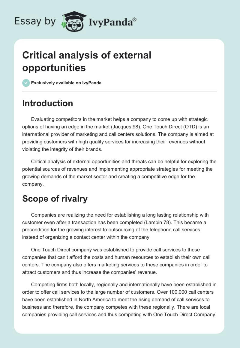 Critical analysis of external opportunities. Page 1