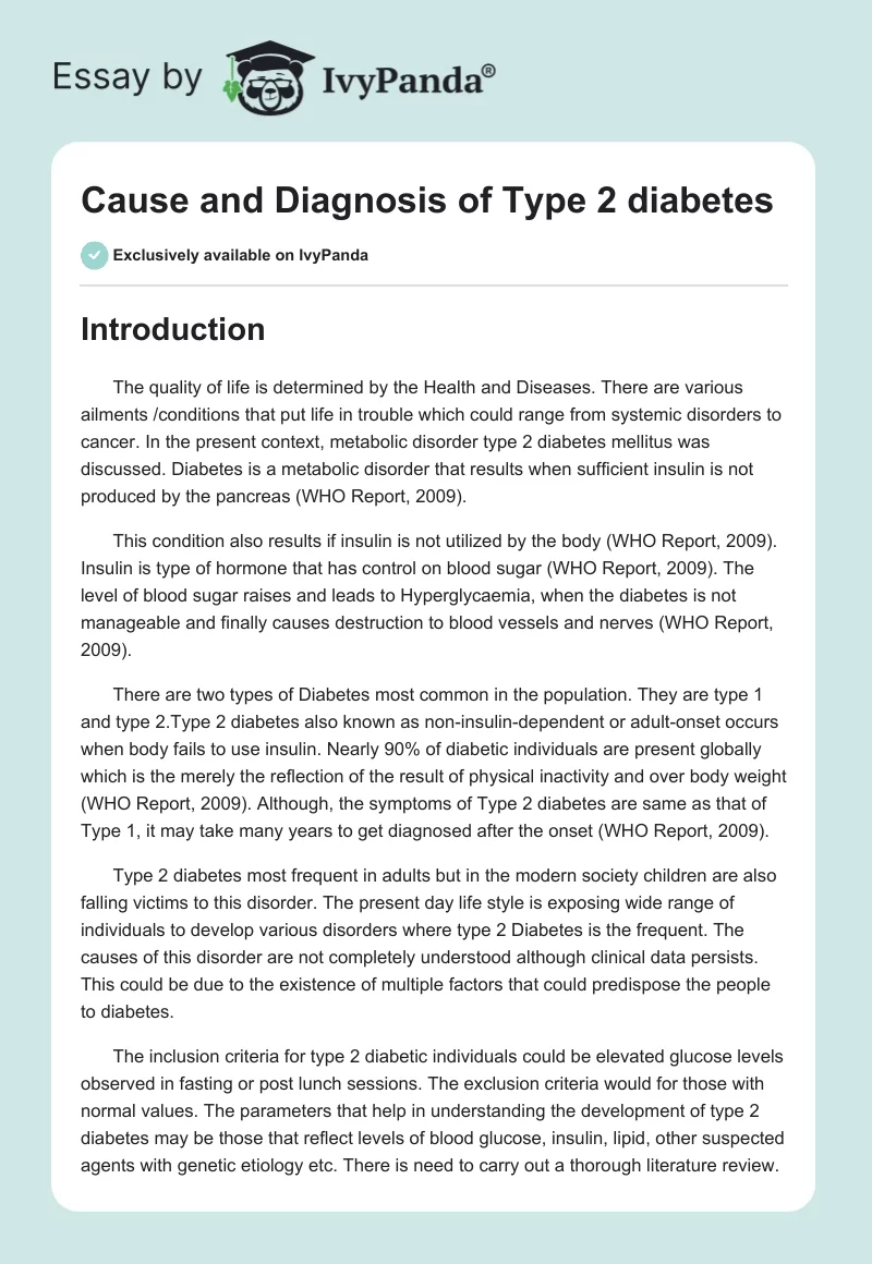 Cause and Diagnosis of Type 2 diabetes. Page 1