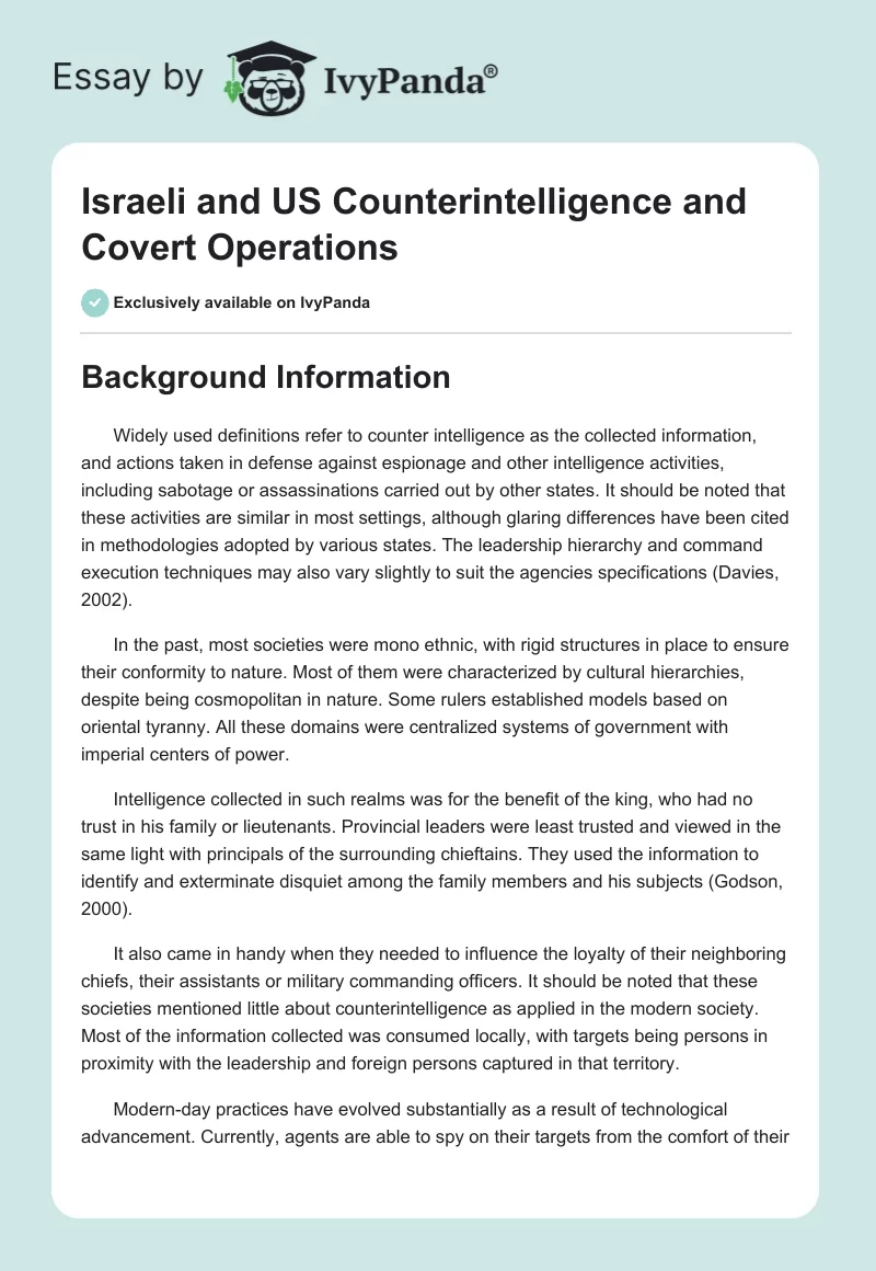 Israeli and US Counterintelligence and Covert Operations. Page 1