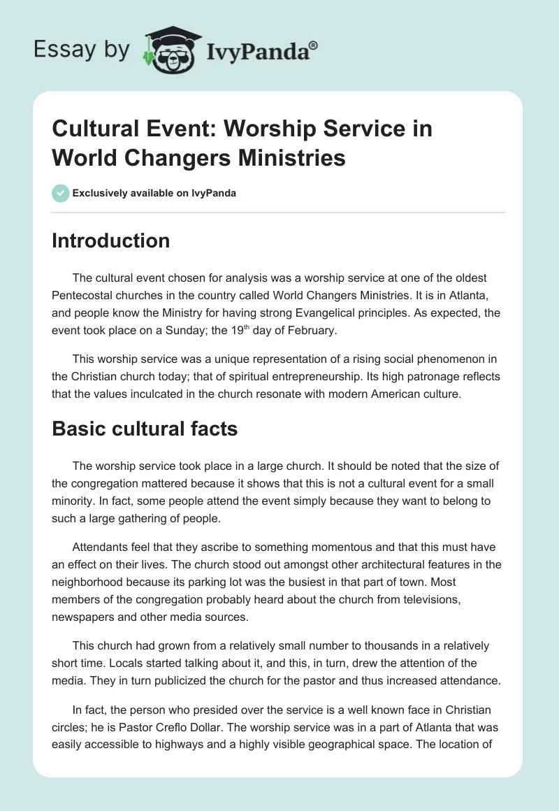 Cultural Event: Worship Service in World Changers Ministries. Page 1