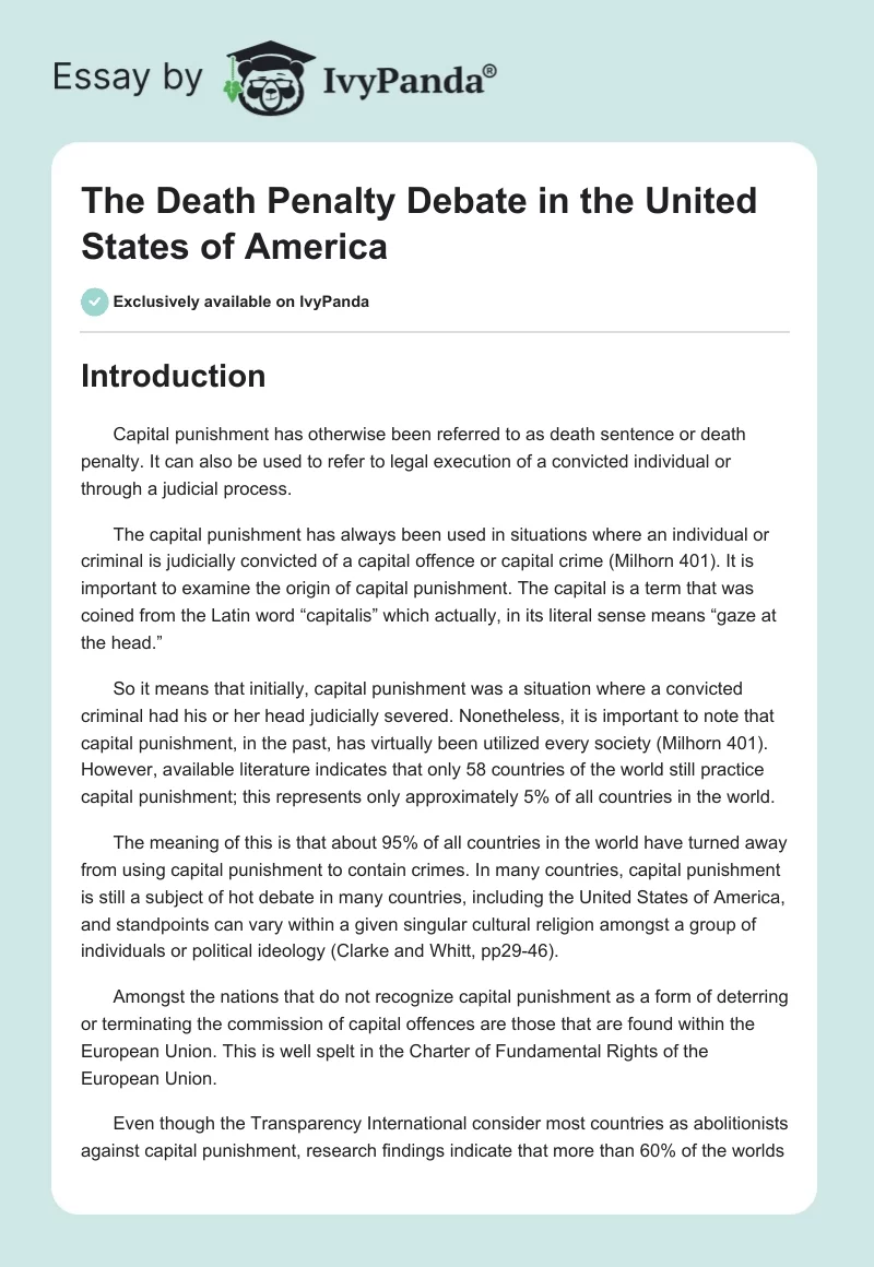 The Death Penalty Debate in the United States of America. Page 1