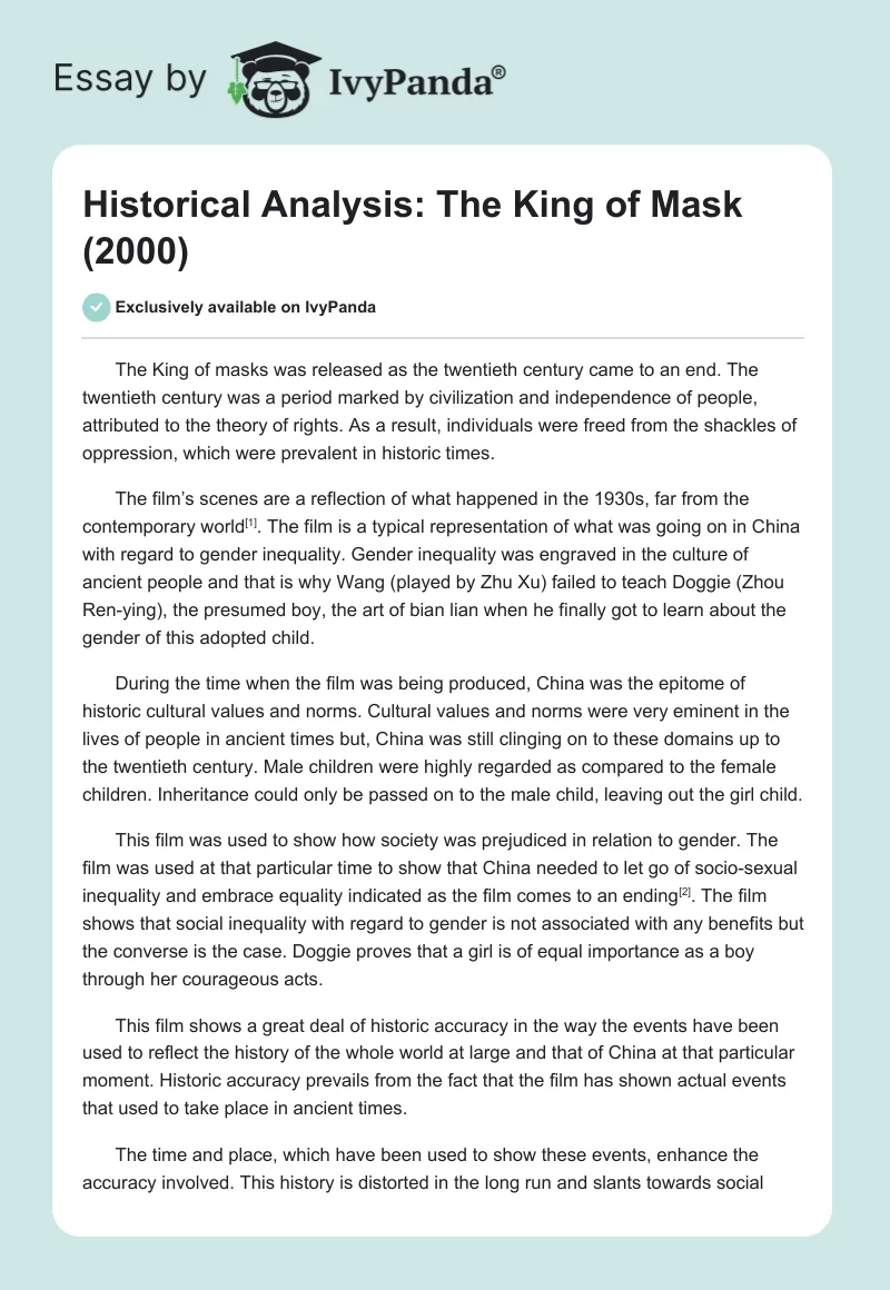 Historical Analysis: The King of Mask (2000). Page 1