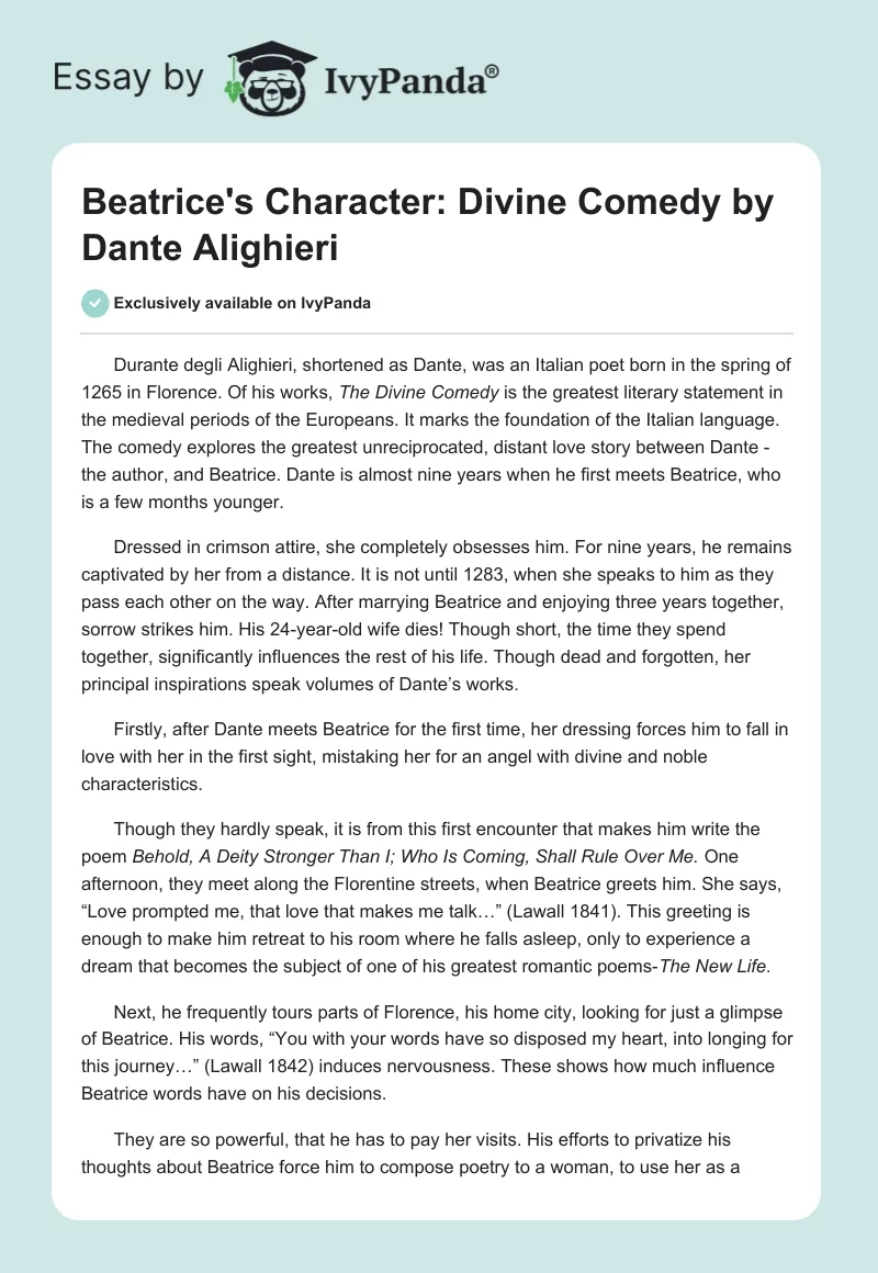 Beatrice's Character: "Divine Comedy" by Dante Alighieri. Page 1