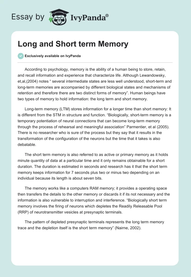 Long and Short Term Memory. Page 1