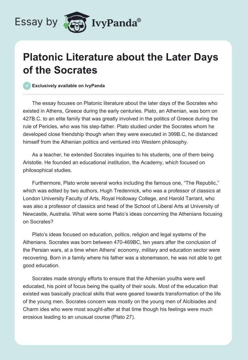 Platonic Literature about the Later Days of the Socrates. Page 1