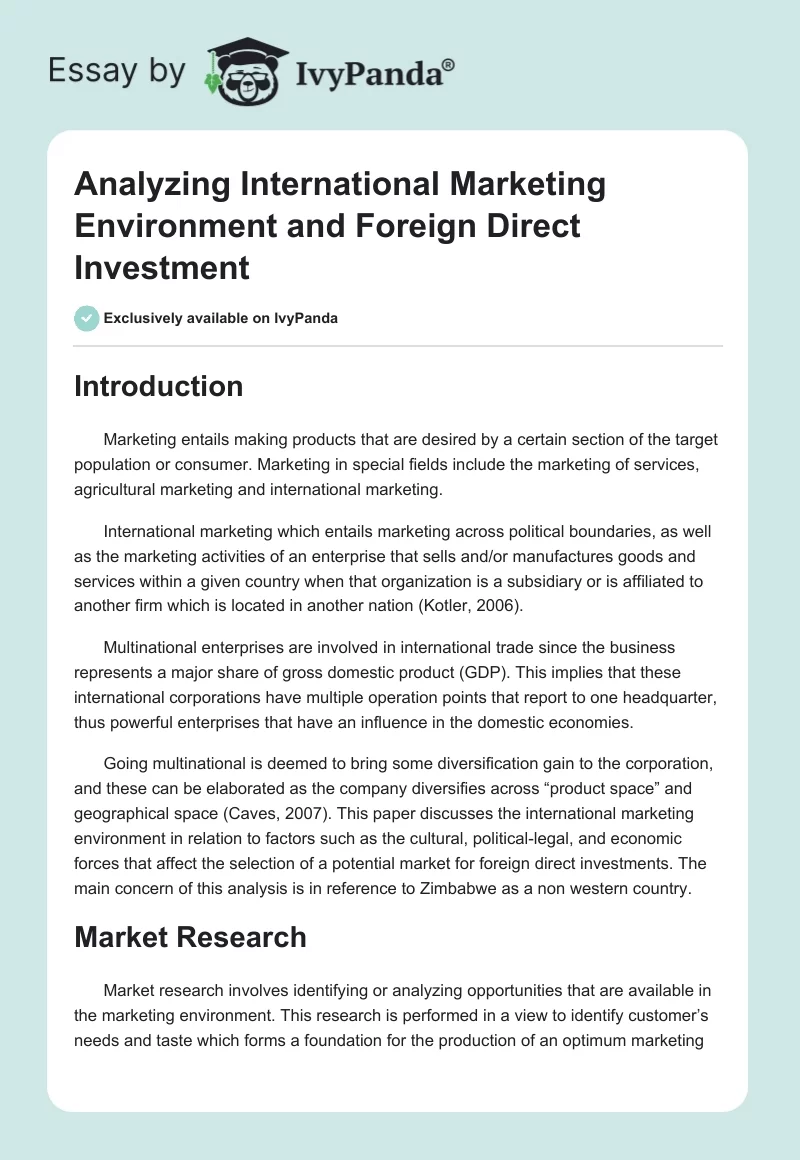 Analyzing International Marketing Environment and Foreign Direct Investment. Page 1
