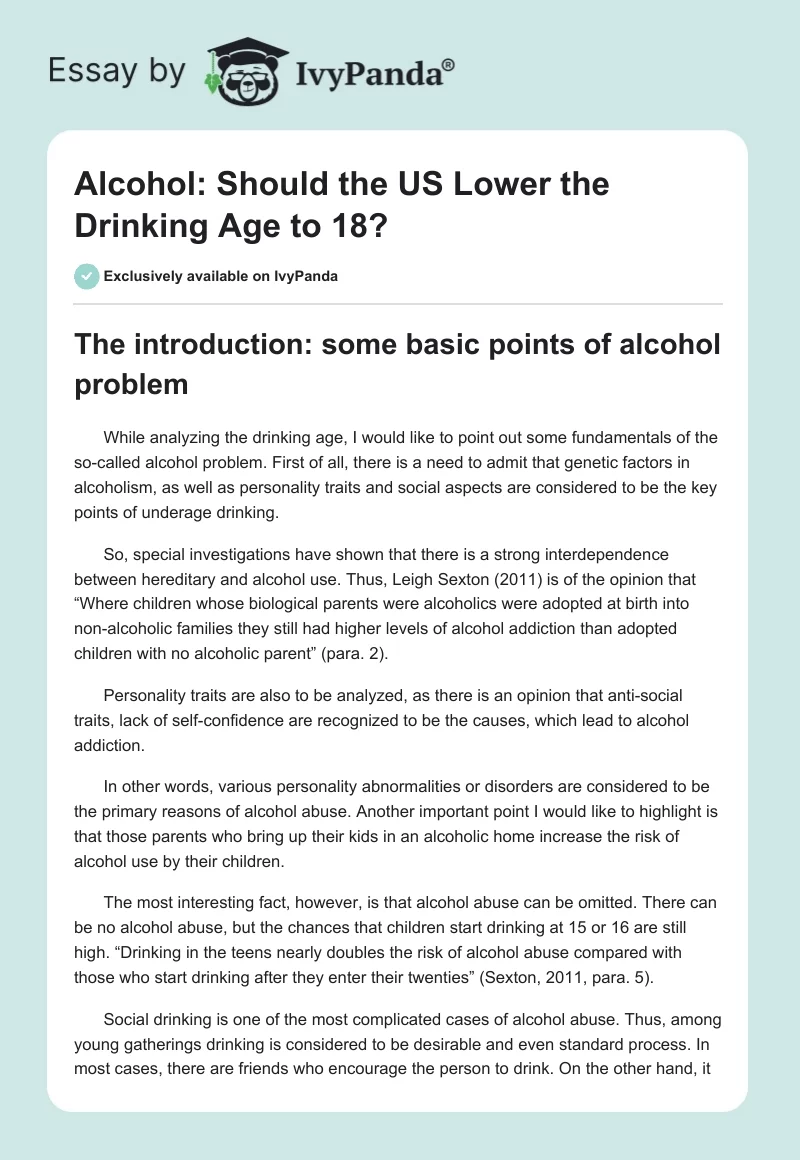 Alcohol: Should the US Lower the Drinking Age to 18?. Page 1