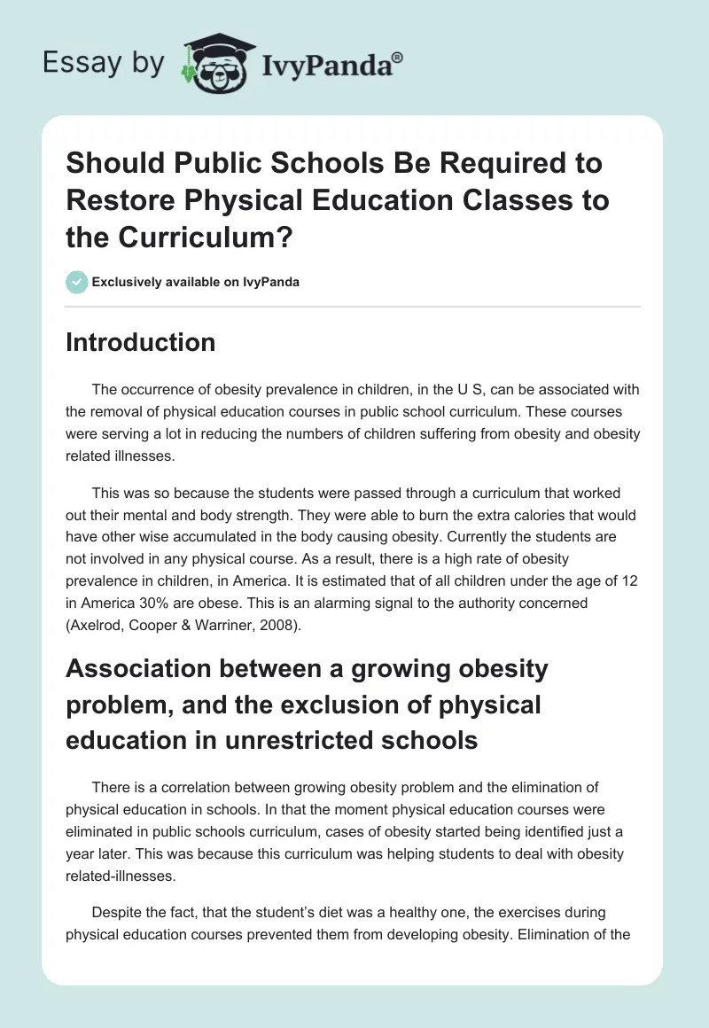 Should Public Schools Be Required to Restore Physical Education Classes to the Curriculum?. Page 1