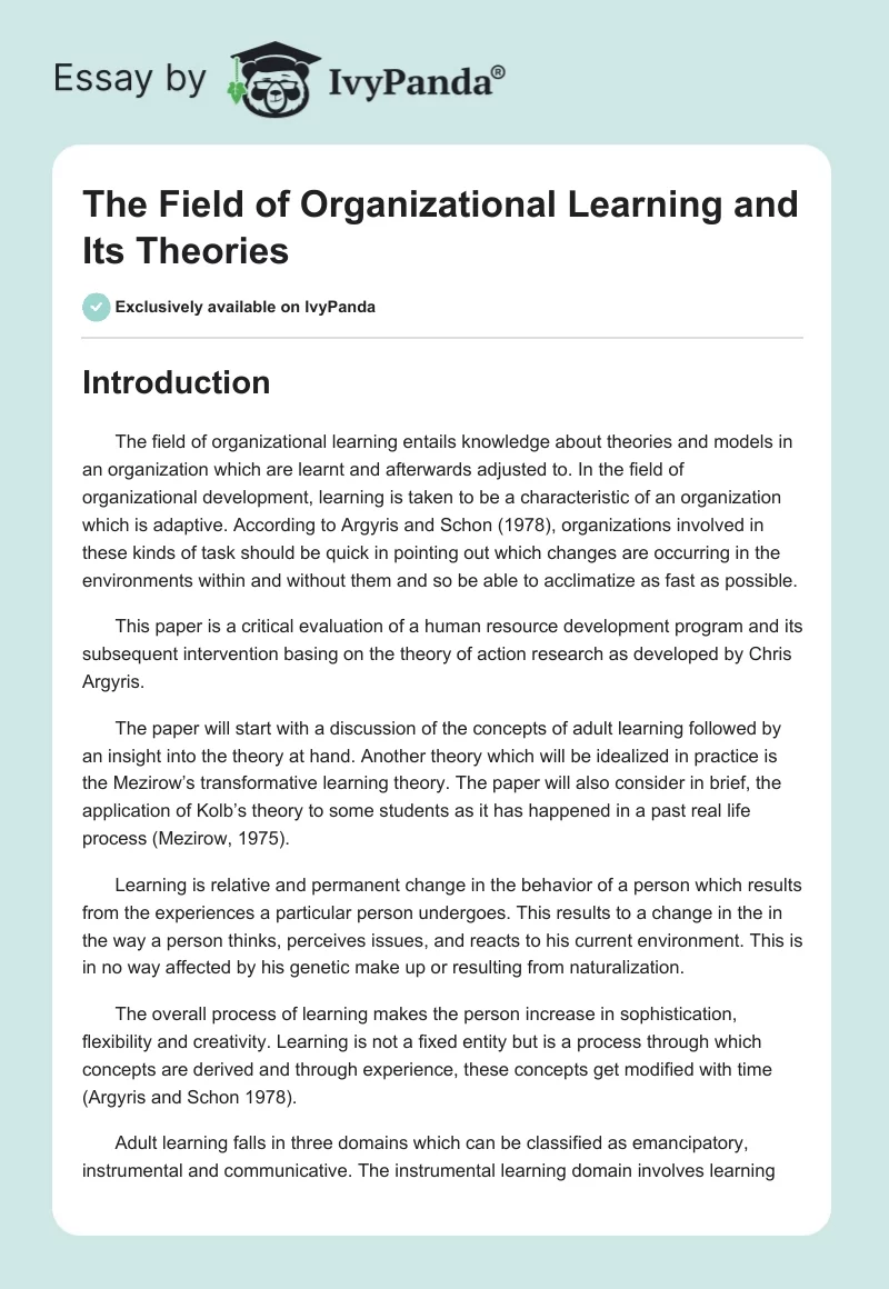 The Field of Organizational Learning and Its Theories. Page 1