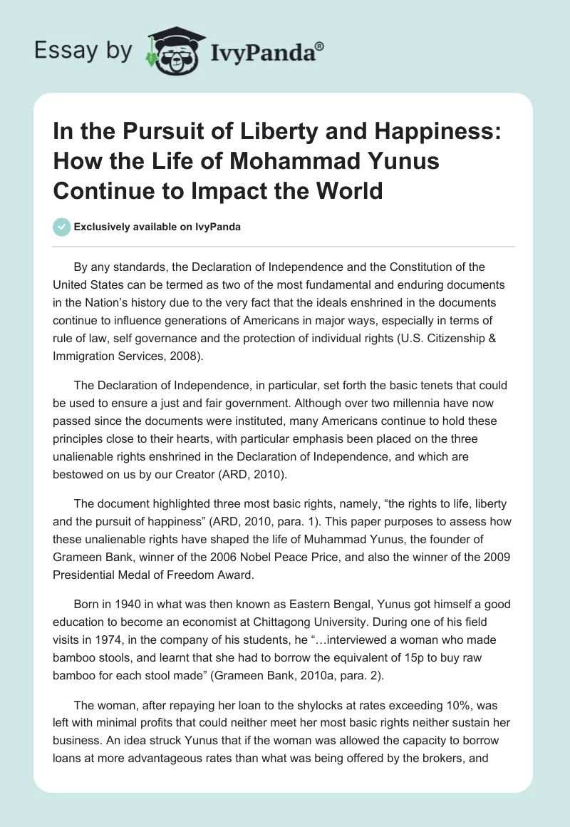 In the Pursuit of Liberty and Happiness: How the Life of Mohammad Yunus Continue to Impact the World. Page 1