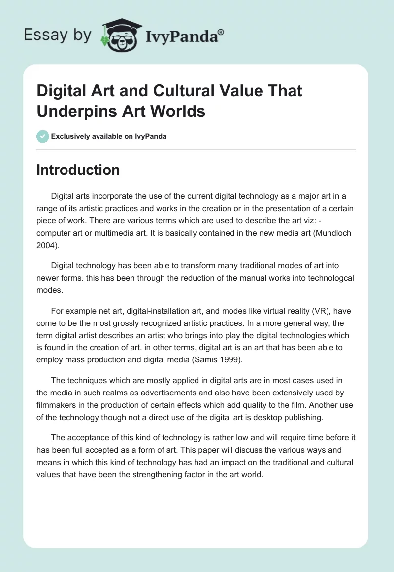 Digital Art and Cultural Value That Underpins Art Worlds. Page 1