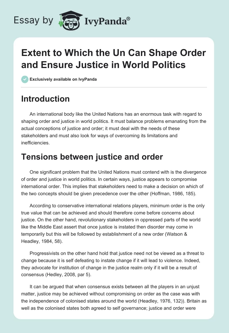 Extent to Which the UN Can Shape Order and Ensure Justice in World Politics. Page 1