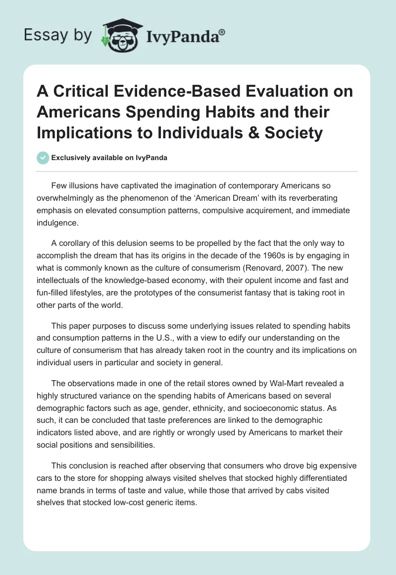 A Critical Evidence-Based Evaluation on Americans Spending Habits and their Implications to Individuals & Society. Page 1