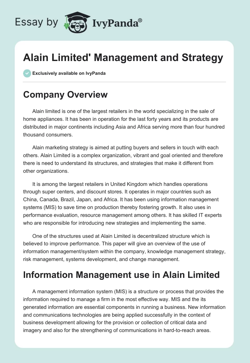 Alain Limited' Management and Strategy. Page 1
