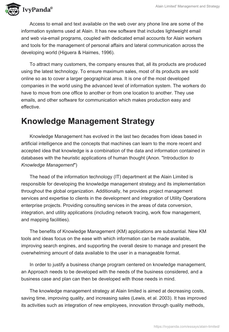 Alain Limited' Management and Strategy. Page 2