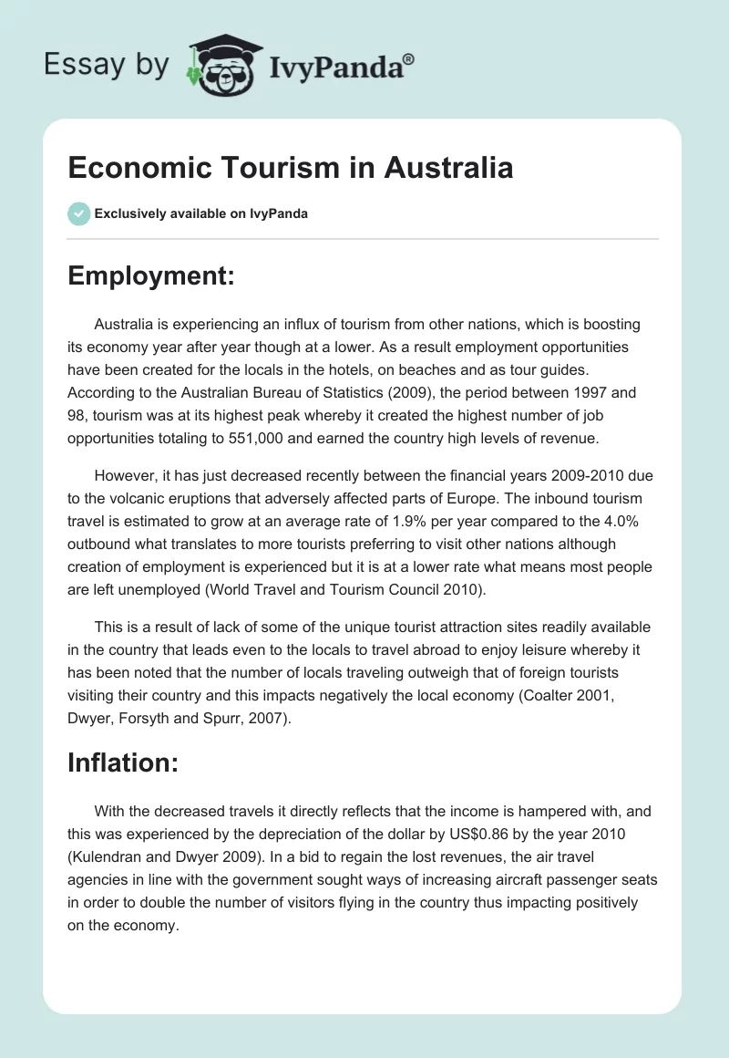 Economic Tourism in Australia. Page 1