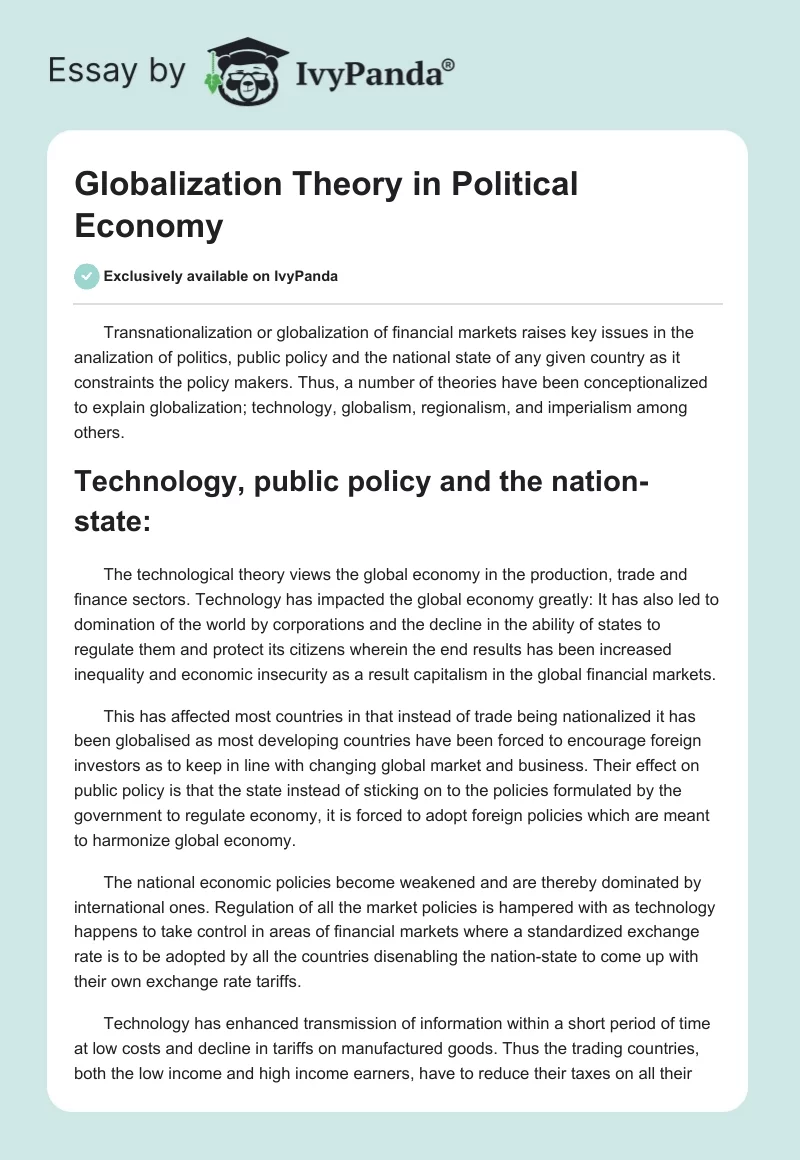 Globalization Theory in Political Economy. Page 1
