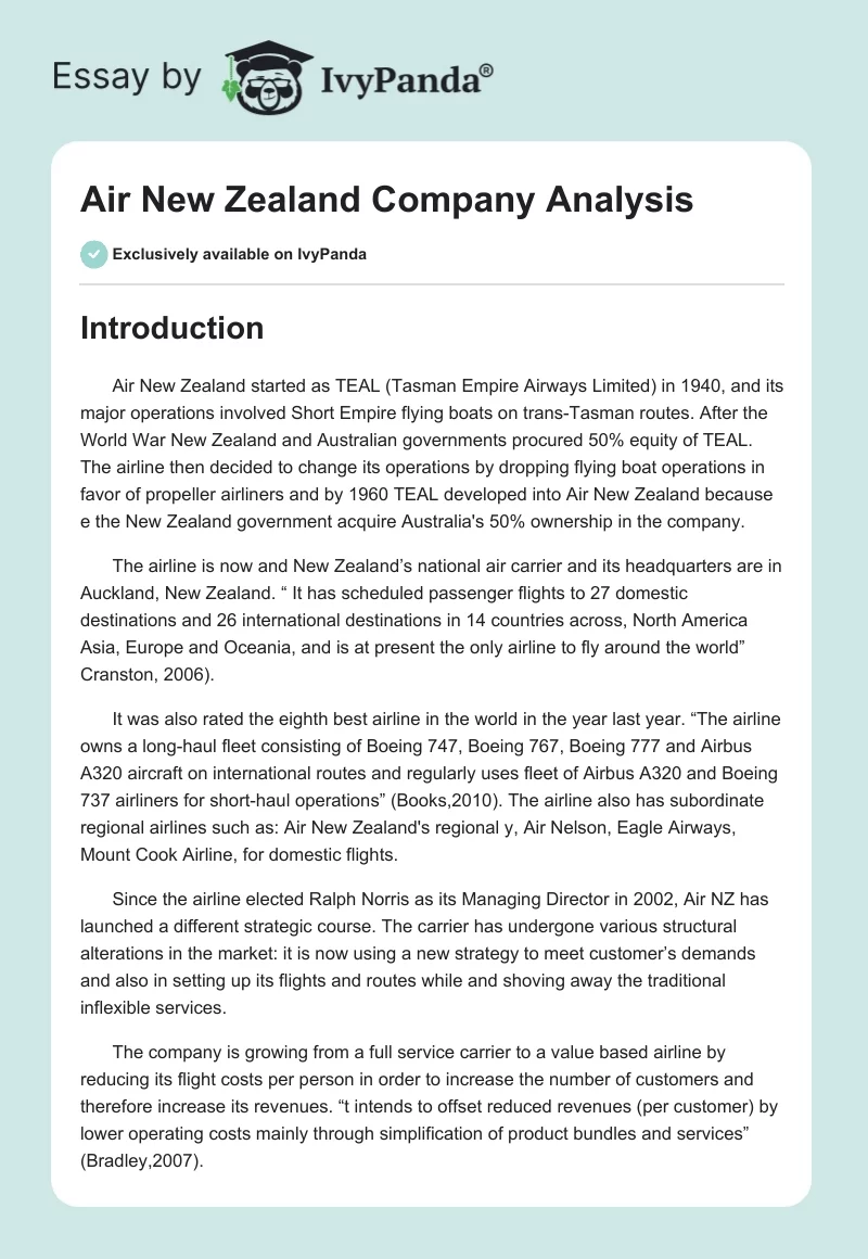 Air New Zealand Company Analysis. Page 1