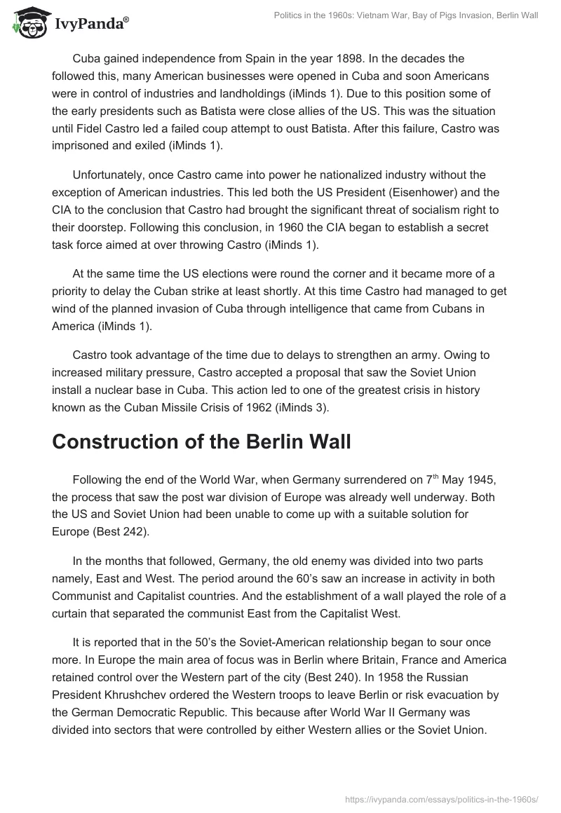 Politics in the 1960s: Vietnam War, Bay of Pigs Invasion, Berlin Wall. Page 3