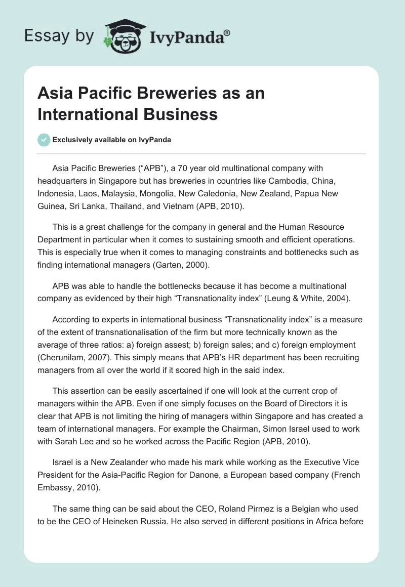 Asia Pacific Breweries as an International Business. Page 1