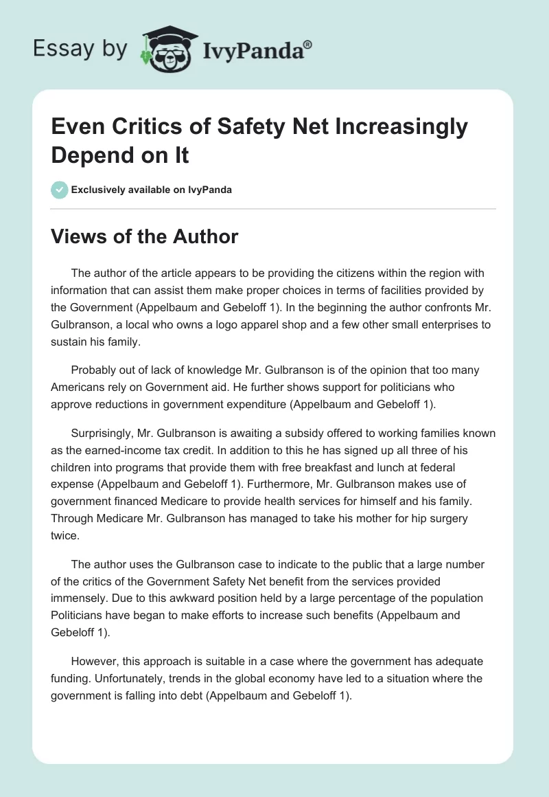 Even Critics of Safety Net Increasingly Depend on It. Page 1