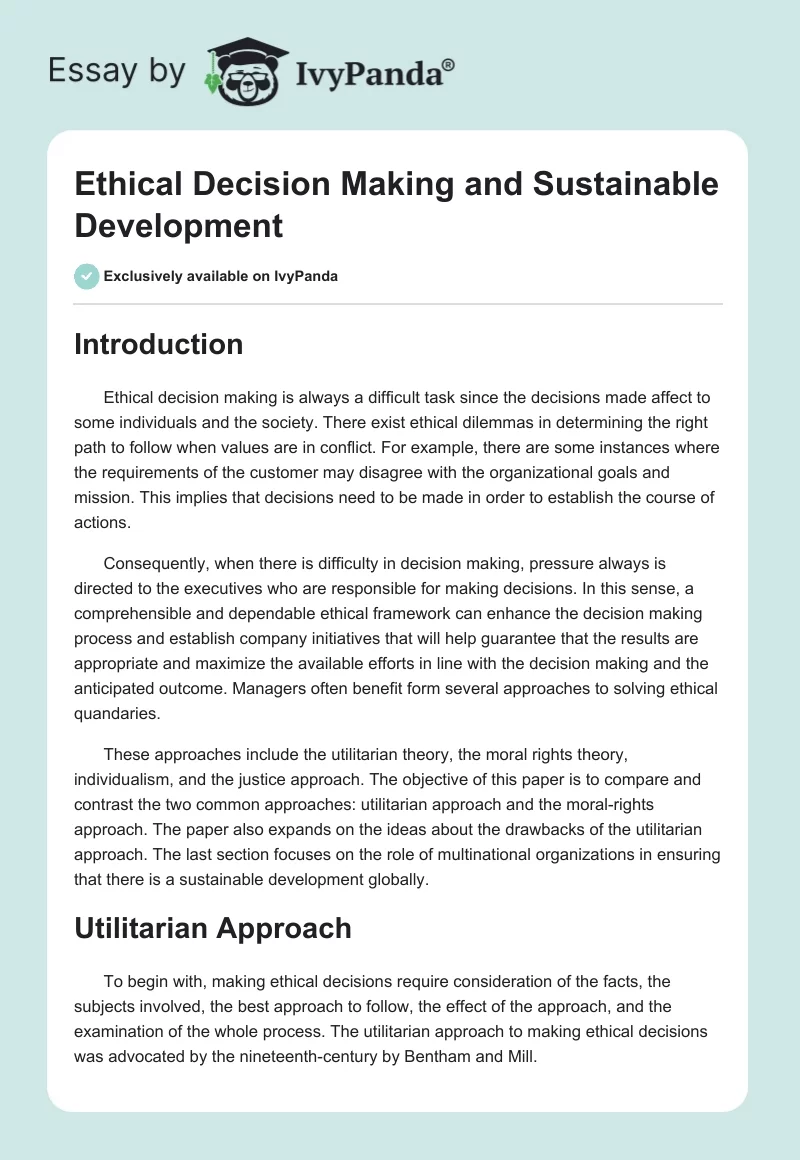 Ethical Decision Making and Sustainable Development. Page 1