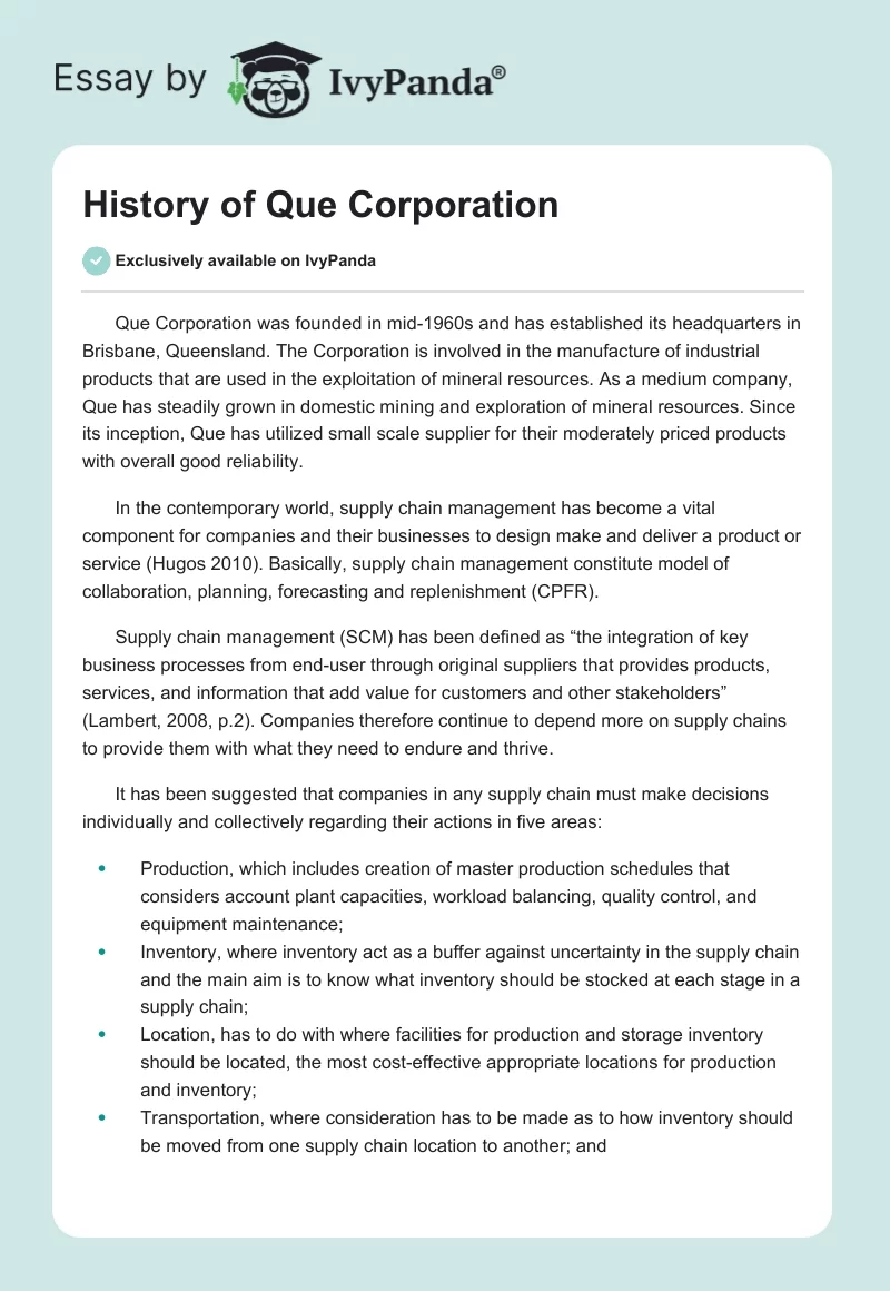 History of Que Corporation. Page 1