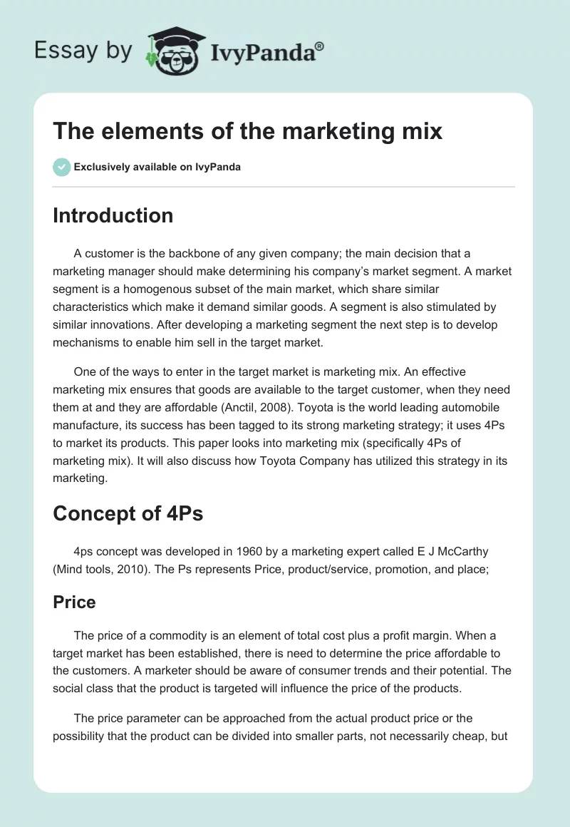 The elements of the marketing mix. Page 1