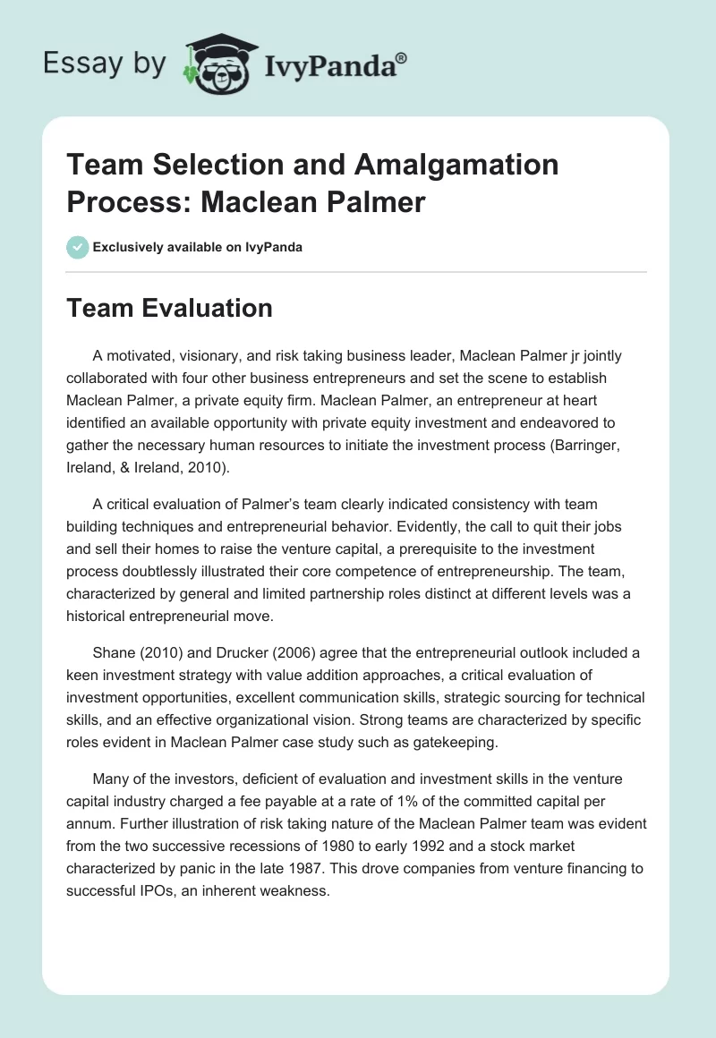 Team Selection and Amalgamation Process: Maclean Palmer. Page 1