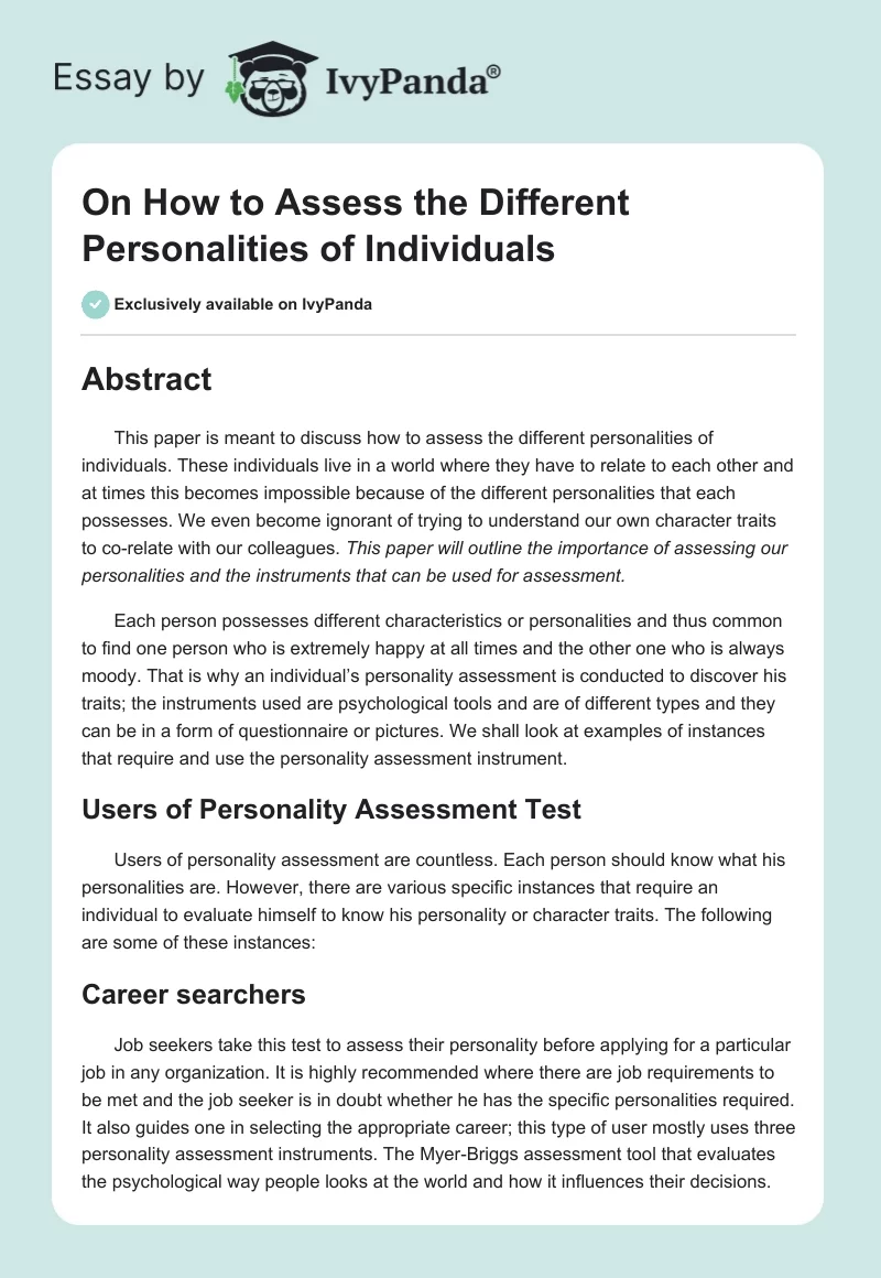 On How to Assess the Different Personalities of Individuals. Page 1