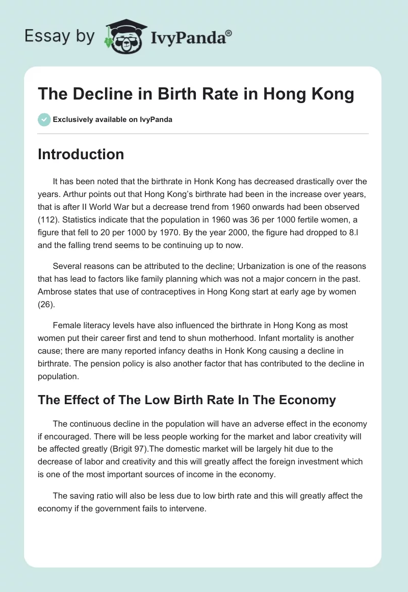 The Decline in Birth Rate in Hong Kong. Page 1