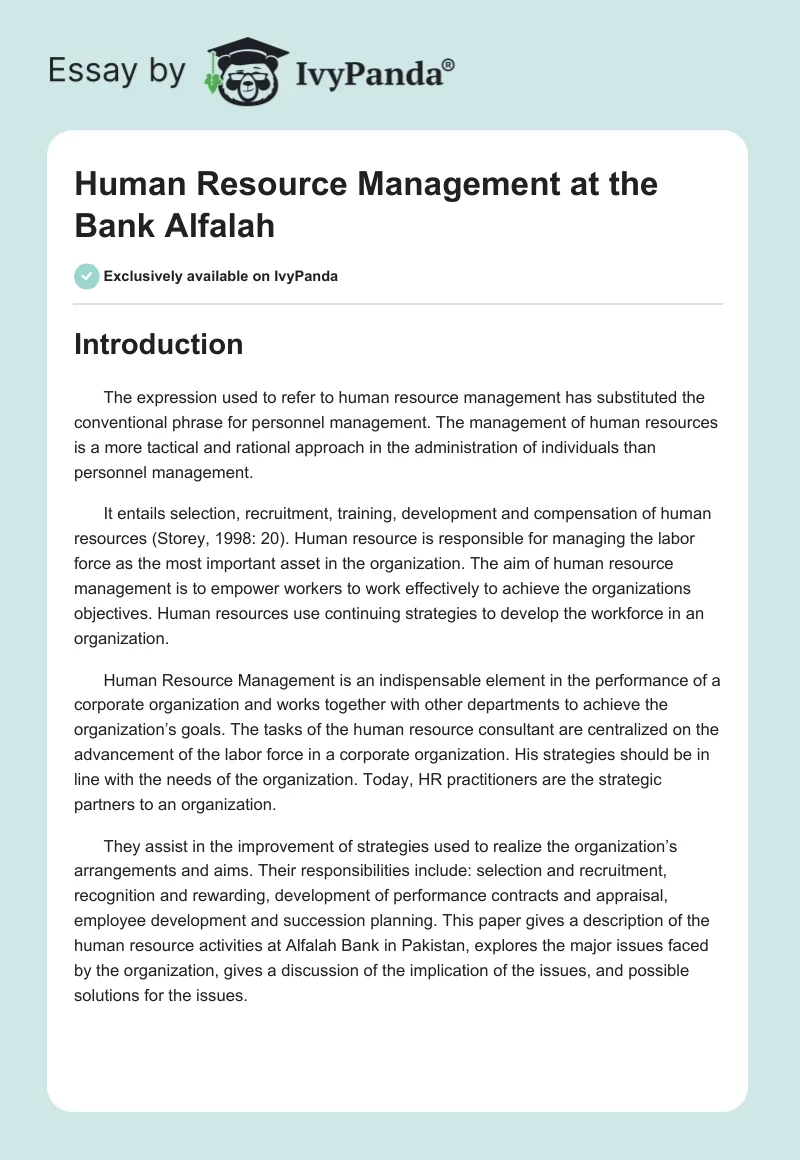 Human Resource Management at the Bank Alfalah. Page 1