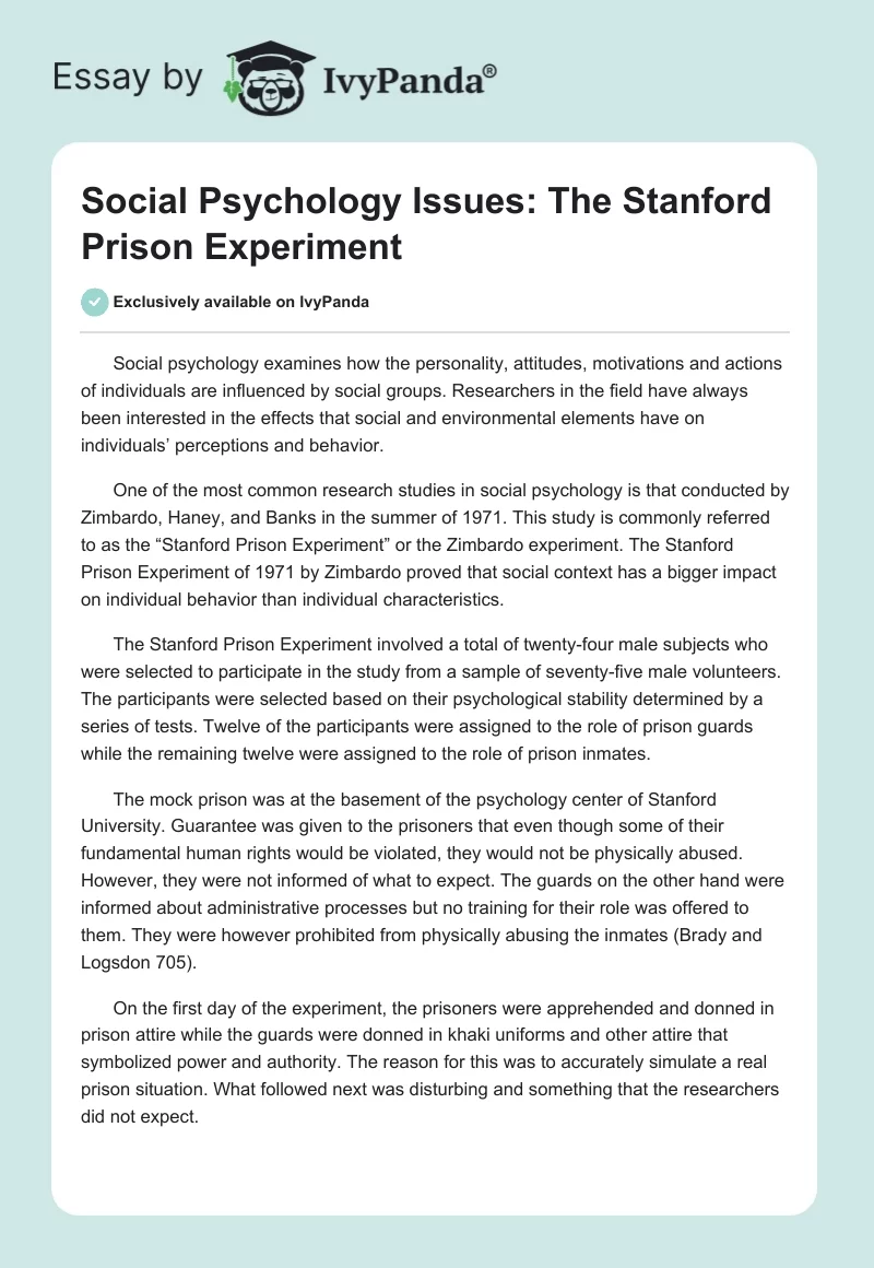 Social Psychology Issues: The Stanford Prison Experiment. Page 1