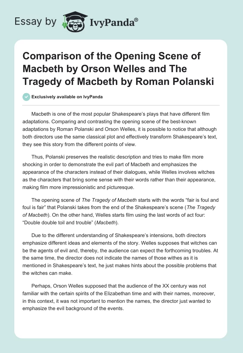 Comparison of the Opening Scene of Macbeth by Orson Welles and The Tragedy of Macbeth by Roman Polanski. Page 1