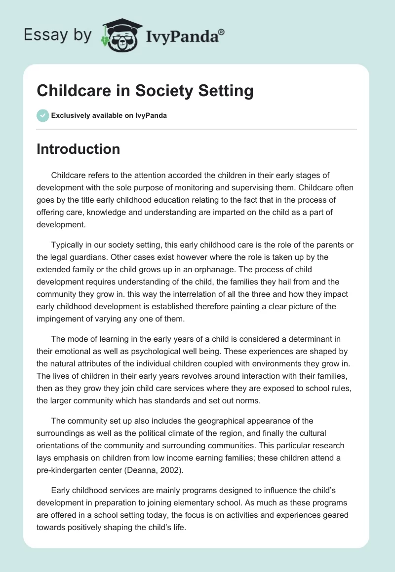 Childcare in Society Setting. Page 1