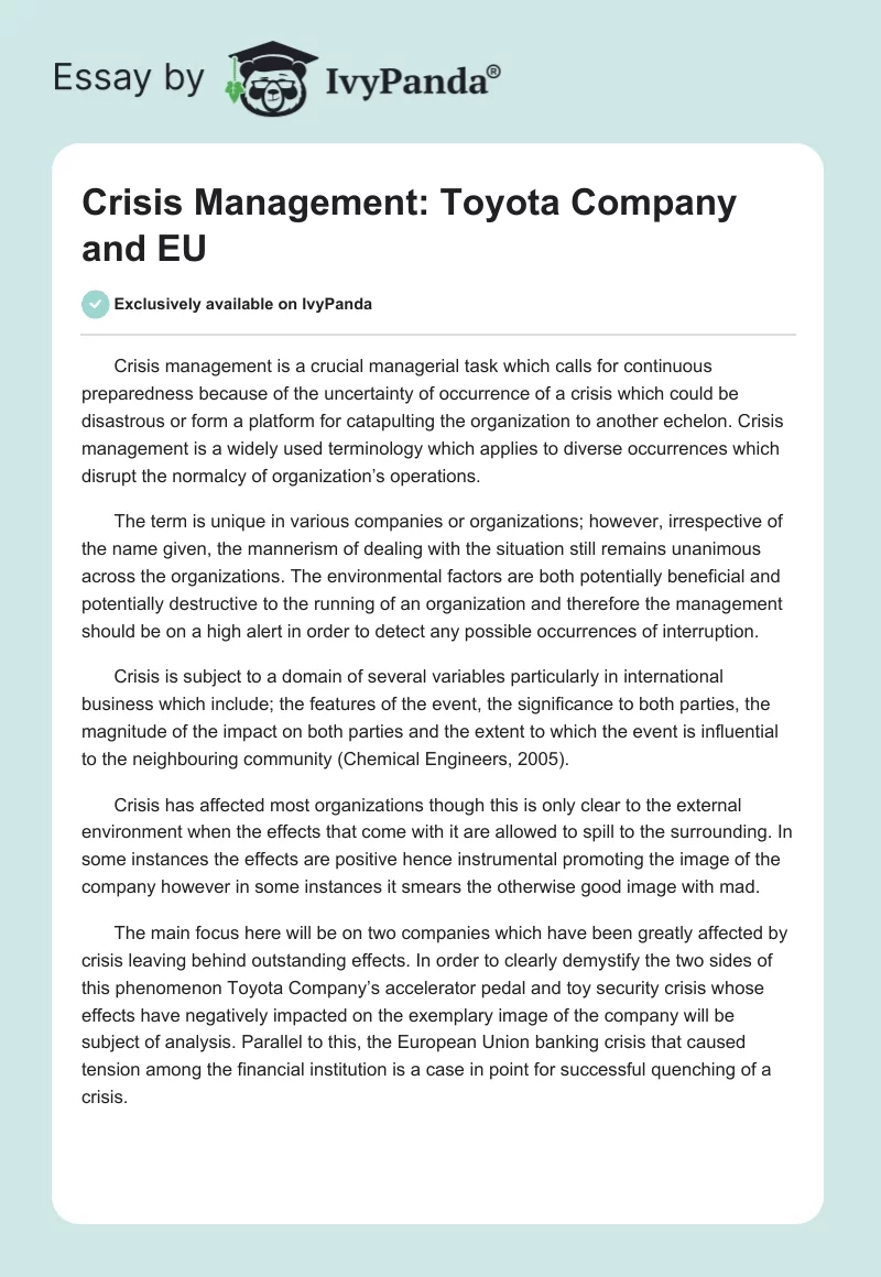 Crisis Management: Toyota Company and EU. Page 1