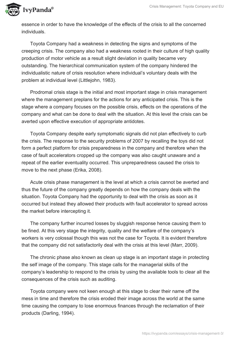 Crisis Management: Toyota Company and EU. Page 3
