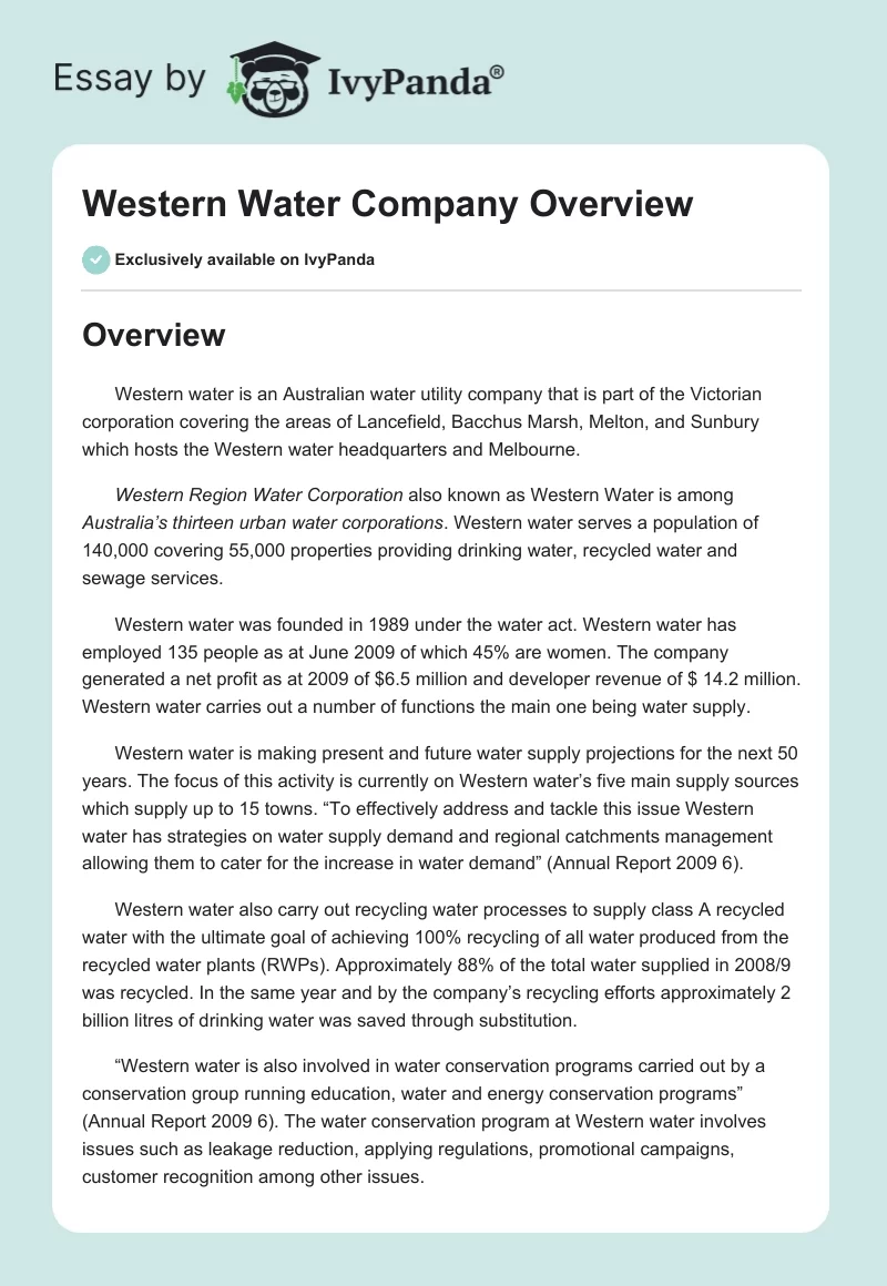 Western Water Company Overview. Page 1