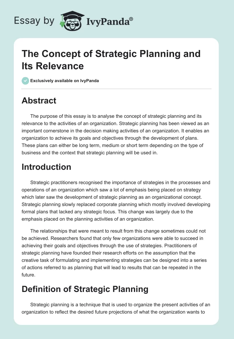 The Concept of Strategic Planning and Its Relevance. Page 1