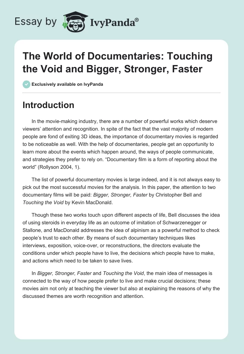 The World of Documentaries: Touching the Void and Bigger, Stronger, Faster. Page 1