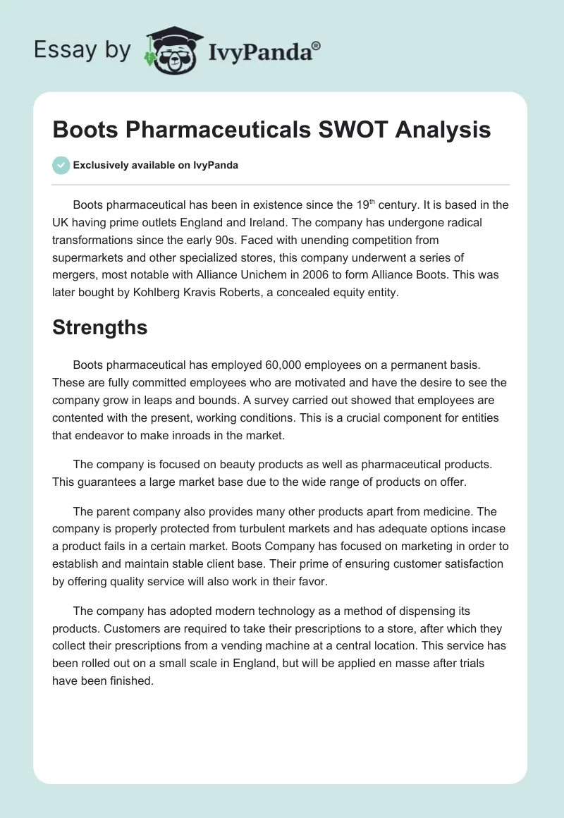 Boots Pharmaceuticals SWOT Analysis. Page 1