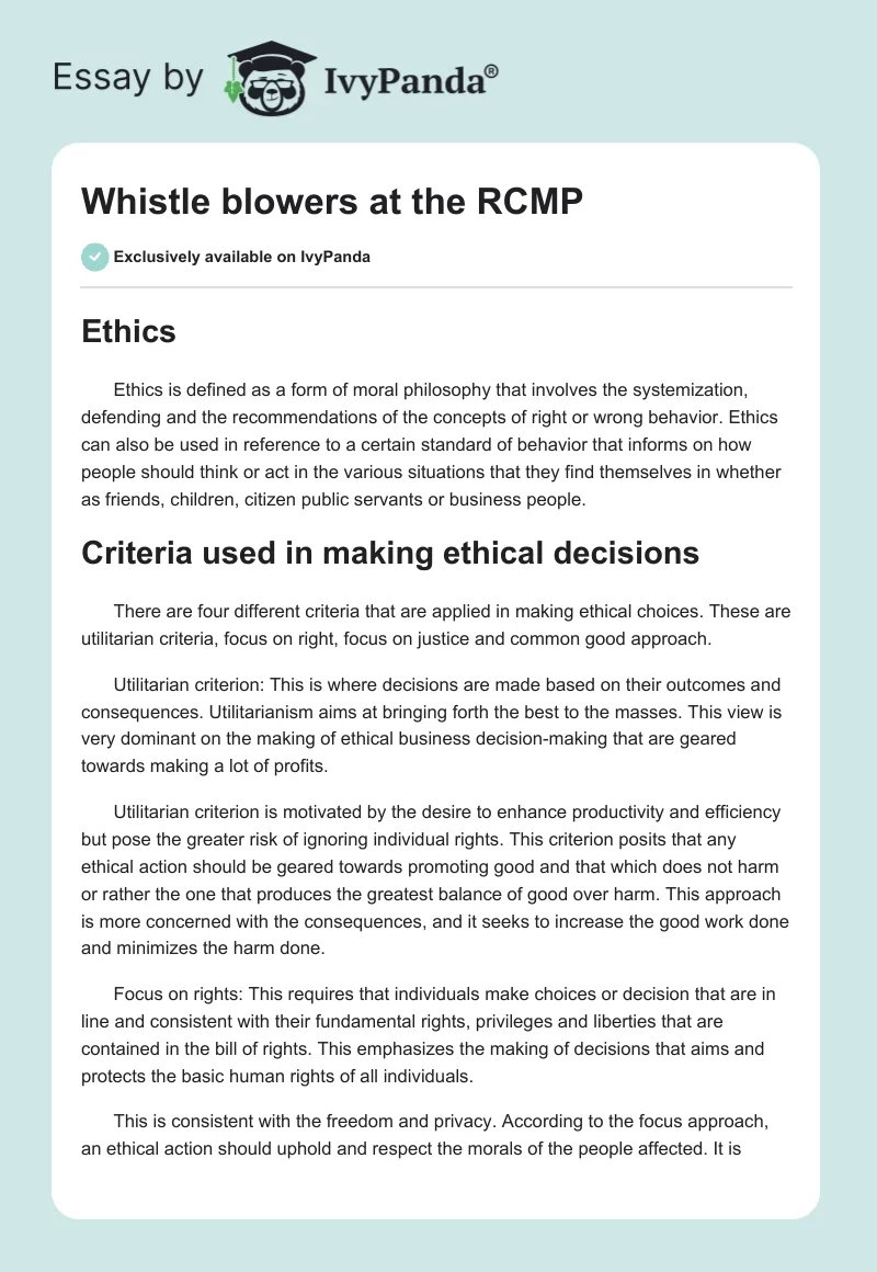 Whistle blowers at the RCMP. Page 1