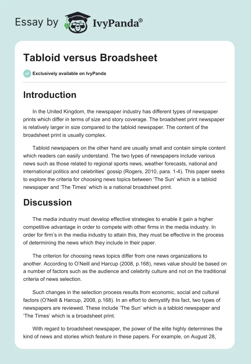 Tabloid versus Broadsheet. Page 1