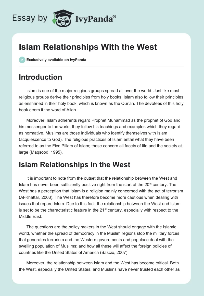 Islam Relationships With the West. Page 1